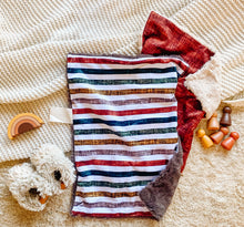 Load image into Gallery viewer, Cinnamon/Stone/Olive Linen Stripes Minky Blanket // Small Lovey Size