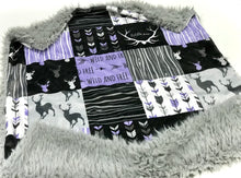 Load image into Gallery viewer, SALE // Purple/Black Woodland &quot;Little One&quot; Faux Quilt Minky Blanket // Baby Blanket Size