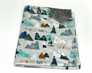 Grey "Adventure Awaits" Mountains Minky Blanket - Baby Blanket Size