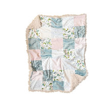 Load image into Gallery viewer, Blush and Grey Sprigs and Bloom Floral Faux Quilt Minky Blanket // Baby Blanket Size