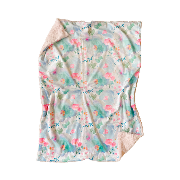 Blue/Pink Floral Watercolour Minky Blanket // Baby Blanket Size