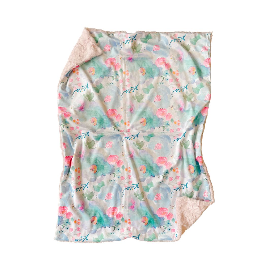 Blue/Pink Floral Watercolour Minky Blanket // Baby Blanket Size