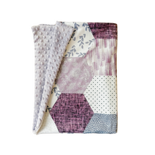 Load image into Gallery viewer, Purple Floral Hexagon Faux Quilt Minky Blanket // Baby Blanket Size