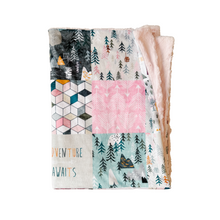 Load image into Gallery viewer, Pink Adventure Awaits Mountain Faux Quilt Minky Blanket // Baby Blanket Size