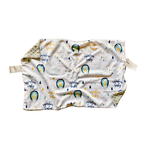 SALE // Blue/Gold/Grey Rainbow Baby Minky Blanket // Large Lovey Size