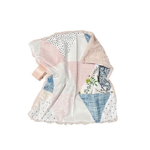 Blush/Grey Floral Linen Triangles Minky Blanket // Small Square Lovey Size