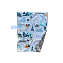 Load image into Gallery viewer, Grey &quot;Adventure Awaits” Minky Blanket // Small Lovey Size