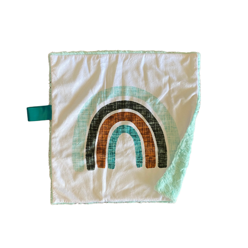 Blue/Olive/Cinnamon Neutral Rainbow Minky Blanket // Small Square Lovey Size