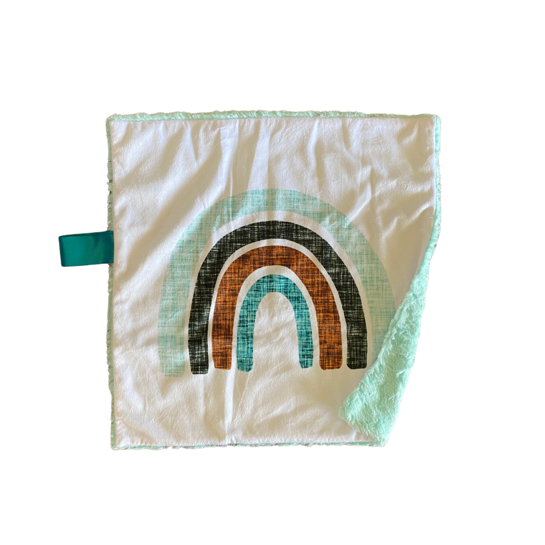 Blue/Olive/Cinnamon Neutral Rainbow Minky Blanket // Small Square Lovey Size