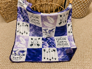 Purple "Adventure Awaits" FAUX QUILT Minky Blanket - Baby Blanket Size