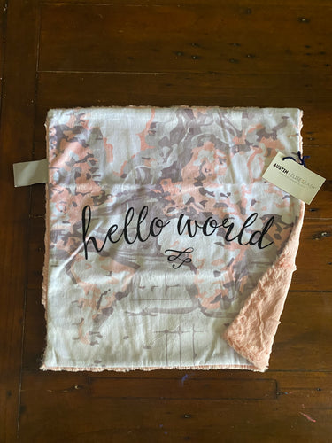 Blush “Hello World” Map Minky Blanket // Small Square Lovey Size