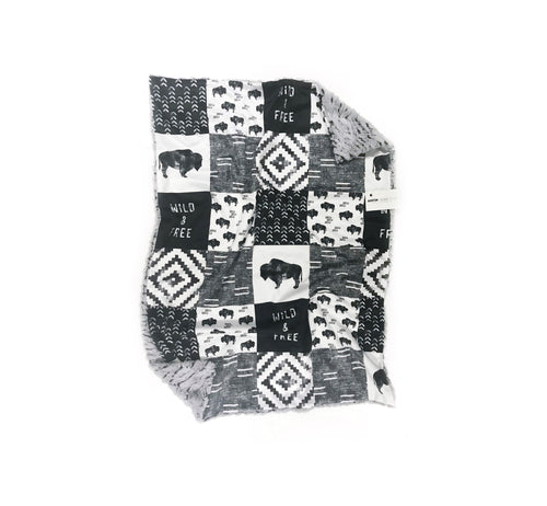 Wild + Free Black/White Buffalo Faux Quilt Minky Blanket - Baby Blanket Size
