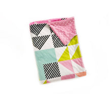 Load image into Gallery viewer, SALE // Pink and Aqua Triangle Puzzlecloth Minky Blanket // Child Blanket Size