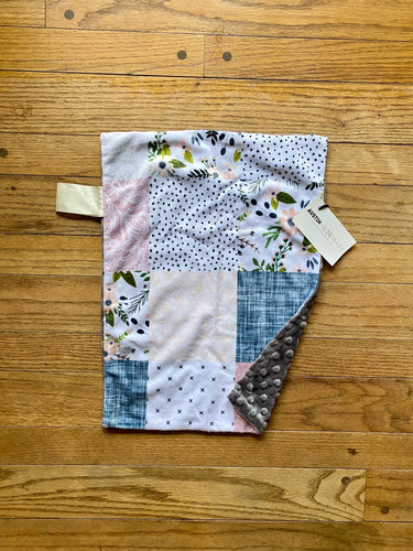 Grey/Blush Pink Sprigs & Bloom Floral FAUX QUILT Minky Blanket // Small Lovey Size