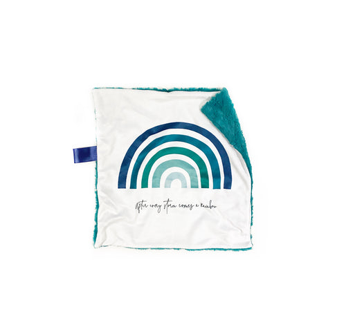 Blue “After Every Storm Comes a Rainbow” Minky Blanket // Small Square Lovey Size