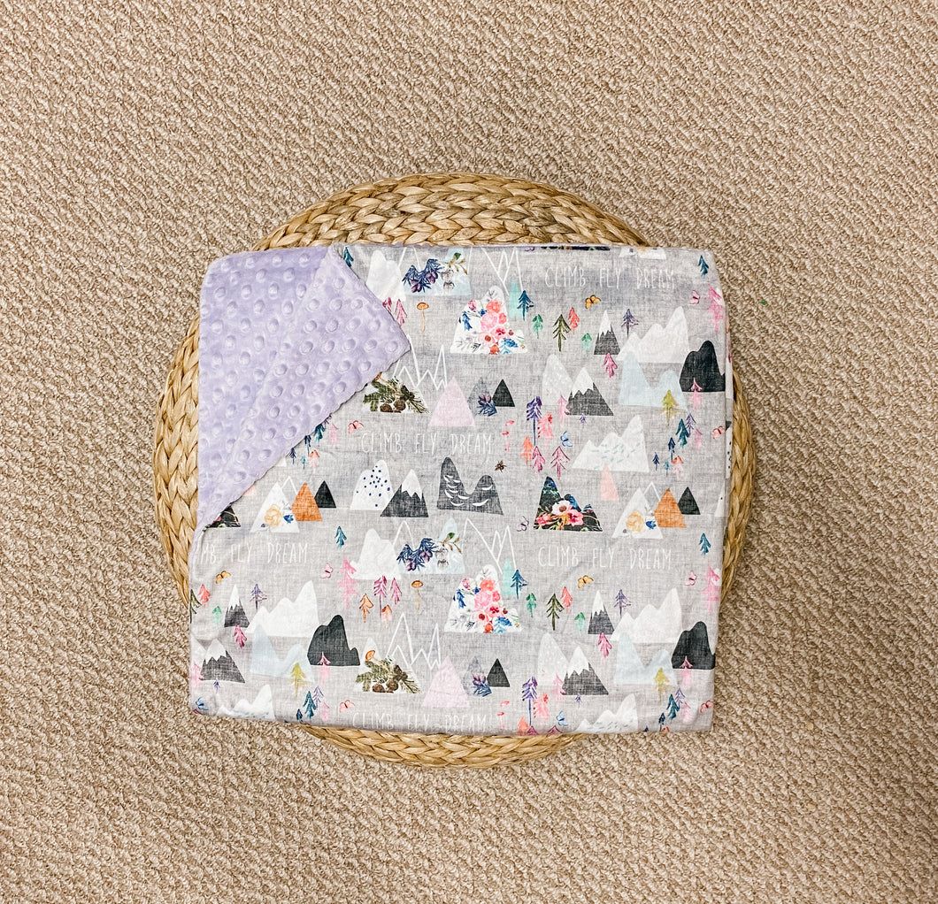 Grey “Mountain Dreams” Minky Blanket - Toddler Blanket Size