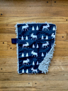Navy Blue Linen Moose and Trees Minky Blanket // Small Lovey Size