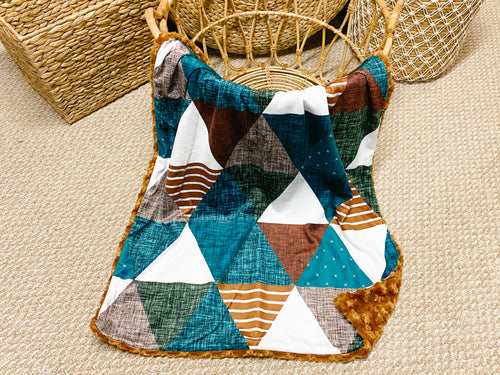 Copper/Olive/Stone/Blue Linen Triangles FAUX QUILT Minky Blanket - Baby Blanket Size