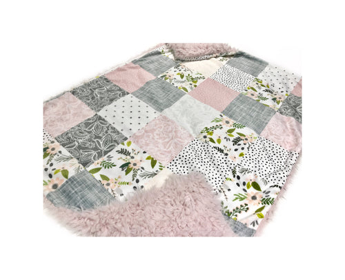 Blush and Grey Sprigs and Bloom Floral Faux Quilt Minky Blanket - Baby Blanket Size