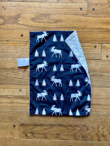 Navy Blue Linen Moose and Trees Minky Blanket // Small Lovey Size