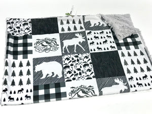 SALE // Black/White Woodland Adventure Faux Quilt Minky Blanket // Baby Blanket Size