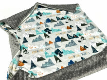 Load image into Gallery viewer, Grey &quot;Adventure Awaits&quot; Mountains Minky Blanket - Baby Blanket Size