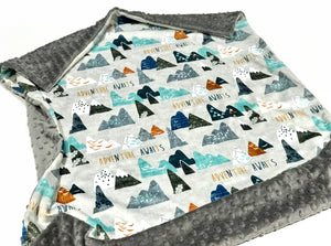 Grey "Adventure Awaits" Mountains Minky Blanket - Baby Blanket Size