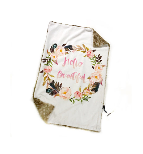 “Hello Beautiful” Floral White & Fawn Minky Blanket - Large Lovey Size