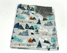 Load image into Gallery viewer, Grey &quot;Adventure Awaits&quot; Mountains Minky Blanket - Baby Blanket Size