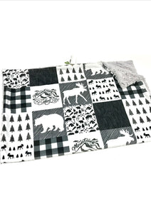 SALE // Black/White Woodland Adventure Faux Quilt Minky Blanket // Baby Blanket Size