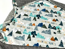 Load image into Gallery viewer, Grey &quot;Adventure Awaits&quot; Mountains Minky Blanket - Baby Blanket Size