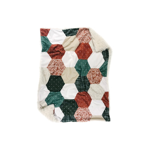 Copper/Olive/Stone Linen and Lace Hexagons FAUX QUILT Minky Blanket - Baby Blanket Size