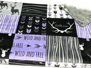 SALE // Purple/Black Woodland "Little One" Faux Quilt Minky Blanket // Baby Blanket Size