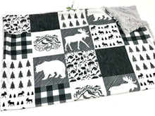 Load image into Gallery viewer, SALE // Black/White Woodland Adventure Faux Quilt Minky Blanket // Baby Blanket Size