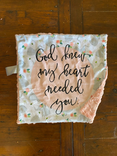 Pink Elephants “God Knew My Heart Needed You” Minky Blanket // Small Square Lovey Size