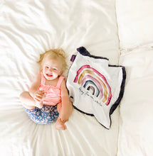 Load image into Gallery viewer, Purple “After Every Storm Comes a Rainbow” Minky Blanket // Small Square Lovey Size