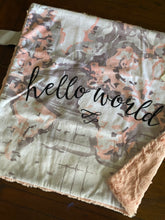 Load image into Gallery viewer, Blush “Hello World” Map Minky Blanket // Small Square Lovey Size