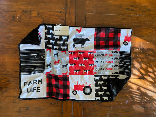Red/Black Farm Life Tractors FAUX Quilt Minky Blanket // Large Lovey Size