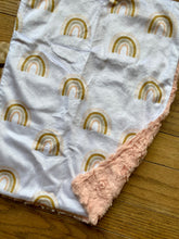 Load image into Gallery viewer, Blush Pink/Gold Rainbows Minky Blanket // Small Lovey Size