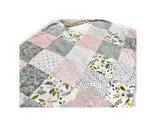 Load image into Gallery viewer, Blush and Grey Sprigs and Bloom Floral Faux Quilt Minky Blanket - Baby Blanket Size