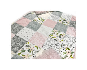 Blush and Grey Sprigs and Bloom Floral Faux Quilt Minky Blanket - Baby Blanket Size