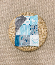 Load image into Gallery viewer, “Little Man” Blue/Grey Woodland Deer Faux Quilt Minky Blanket - Baby Blanket Size