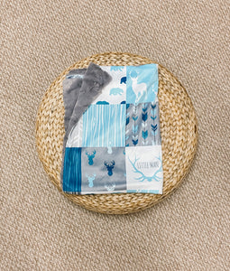 “Little Man” Blue/Grey Woodland Deer Faux Quilt Minky Blanket - Baby Blanket Size