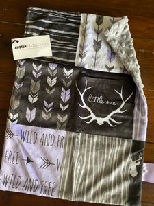 SALE // Purple "Wild + Free" Little One Deer Faux Quilt Minky Blanket // Small Lovey Size