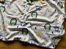 Load image into Gallery viewer, SALE // Blue/Gold/Grey Rainbow Baby Minky Blanket // Large Lovey Size