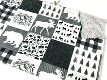 Load image into Gallery viewer, SALE // Black/White Woodland Adventure Faux Quilt Minky Blanket // Baby Blanket Size