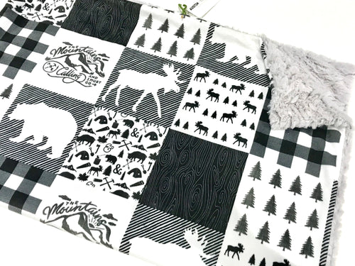 SALE // Black/White Woodland Adventure Faux Quilt Minky Blanket // Baby Blanket Size