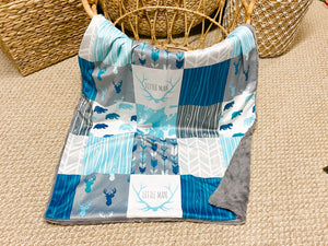 “Little Man” Blue/Grey Woodland Deer Faux Quilt Minky Blanket - Baby Blanket Size