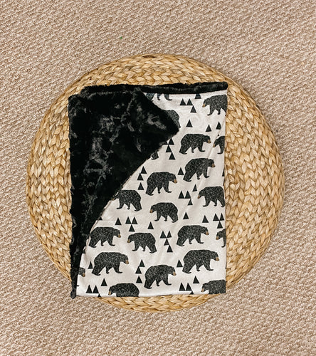 Black Geometric Bears Minky Blanket - Baby Blanket Size