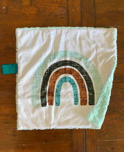 Load image into Gallery viewer, Blue/Olive/Cinnamon Neutral Rainbow Minky Blanket // Small Square Lovey Size